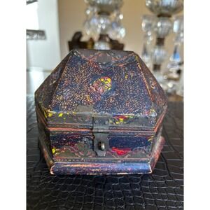 Antique Indian Mughal Wooden Trinket Box Metal Overlay Boho Decor
